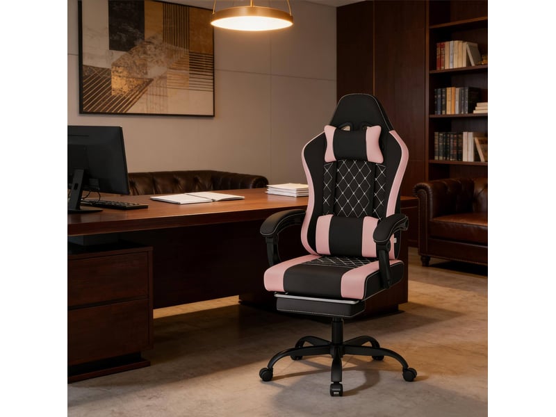 Chaise de bureau gaming avec fonction massage, dossier inclinable et appui-tête, en tissu mesh et métal noir et rose - Conforama D