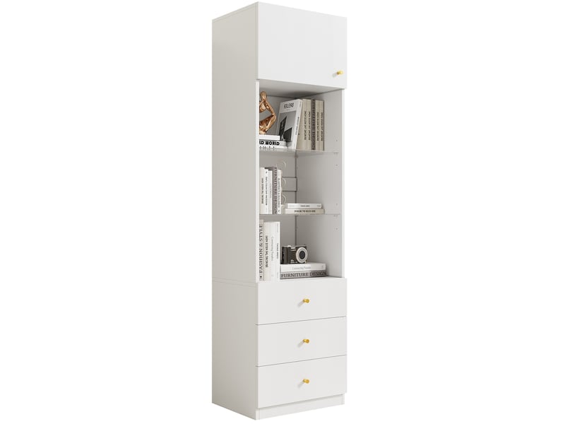 Vitrine haute 50 x 40 x 180 cm blanche en mdf et verre, rangement avec 3 tiroirs et étagères réglables