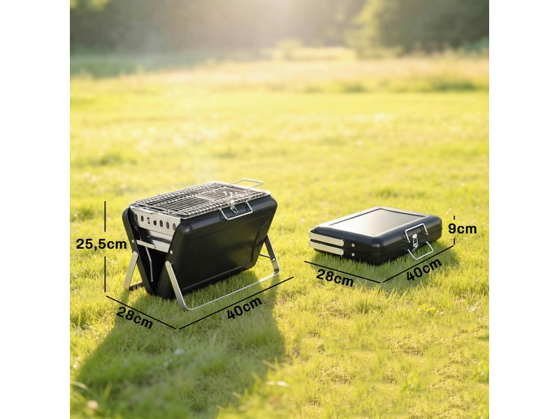  Barbecue fumoir charbon acier inoxydable, grille, poignée, pieds pliables, camping grillades, 40×28×25,5 cm, noir  - Conforama E
