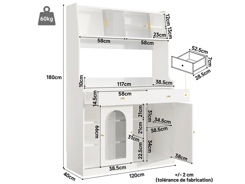  Buffet de cuisine armoire haute avec portes en verre, 2 tiroirs et éclairage led, 120x40x180 cm, blanc  - Conforama E
