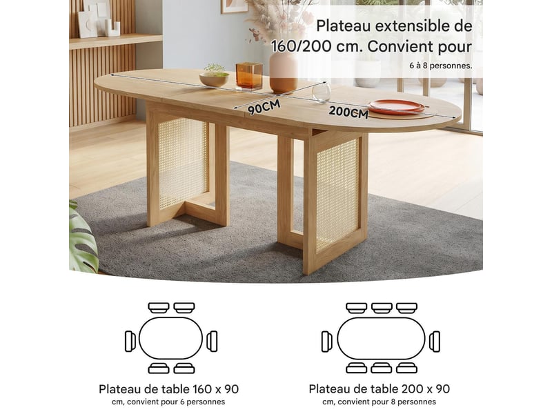  Table à manger extensible 160200 x 90 cm coins arrondis, plateau épais, 6 à 8 personnes, pieds avec détails en rotin chêne Sol Morn - Conforama E