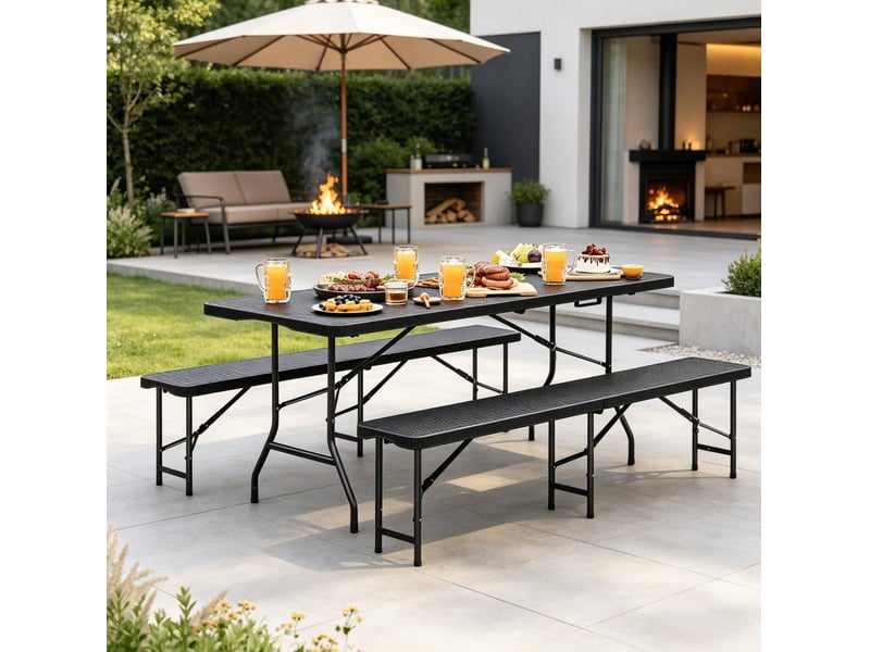  Ensemble de mobilier de jardin pliant 180x74x70 cm, 1 table et 2 bancs, métal, noir  - Conforama E