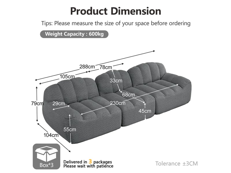 Canapé d'angle modulaire sans armature avec assise profonde et ottoman, pour salon, en flanelle granulée, gris  - Conforama E