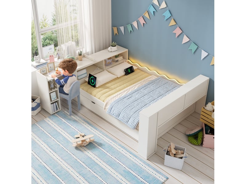  Lit gigogne avec sommier à lattes, niches de rangement, tablette coulissante et éclairage led, en bois blanc  - Conforama B