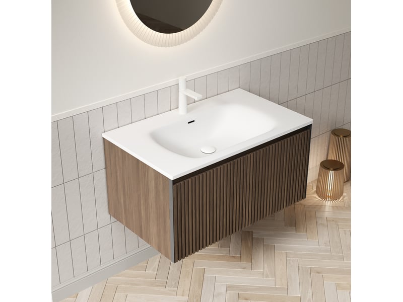  Meuble sous vasque suspendu 1 tiroir fermeture douce avec vasque intégrée pour salle de bain brun chêne 80 × 46 × 41,8 cm  - Conforama D