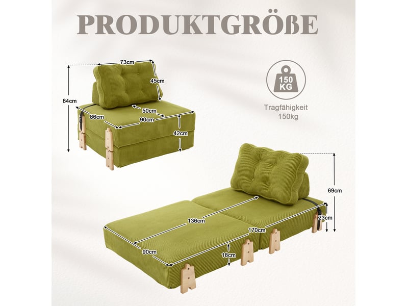  Fauteuil-lit convertible 90x86x84 cm en velours côtelé avec bois vert olive sans matelas  - Conforama E