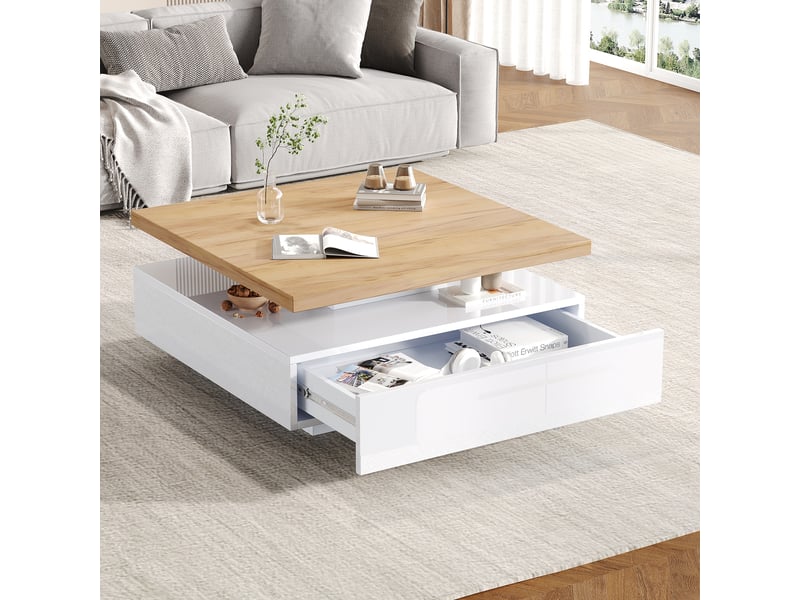  Table basse carrée pivotante 360° avec tiroir, table de salon blanc brillant et plateau noyer, 70x70x36 cm  - Conforama C