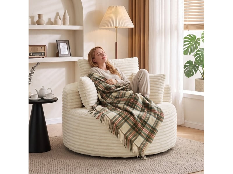  Fauteuil rond 130x130x82 cm, assise profonde, polyester, blanc crème  - Conforama C
