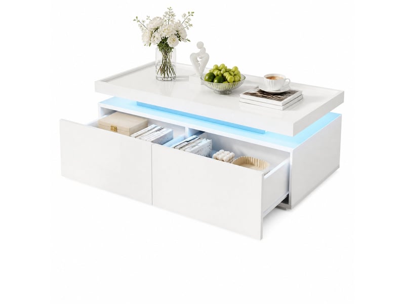  Table basse led avec 2 tiroirs et niche pour salon 95×45×35 cm en panneaux de particules blanc  - Conforama A