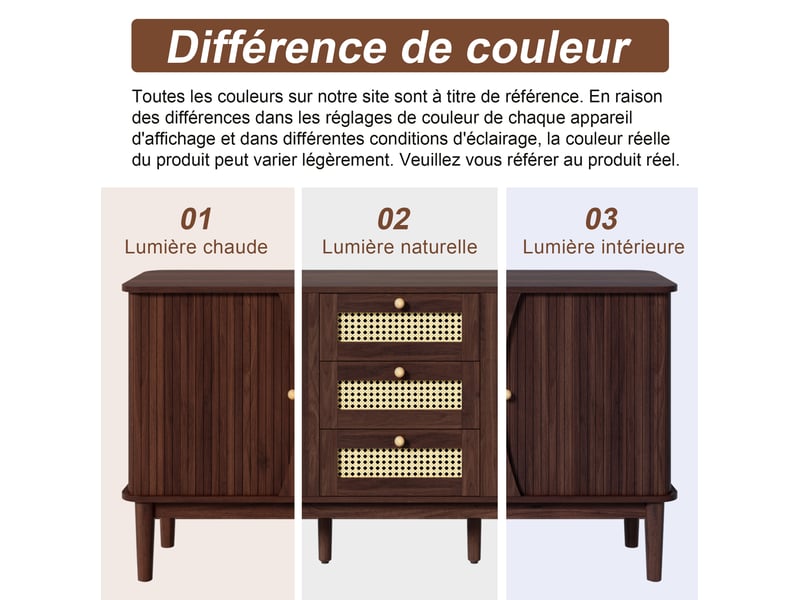  Buffet 141 x 40 x 77 cm noyer foncé en mdf, 3 tiroirs en rotin, 2 portes coulissantes et étagères réglables  - Conforama E