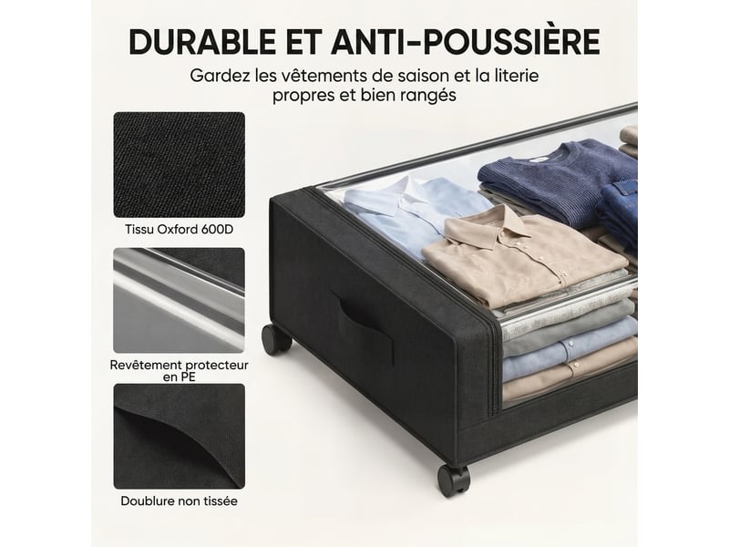 Boîte de rangement sous lit à roulettes, lot de 2, 40l, fermeture éclair, cadre en acier, poignées, 78x44x16cm, noir - Conforama E