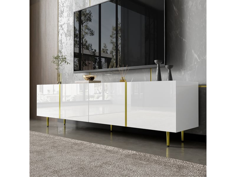  Meuble tv brillant moderne épuré avec quatre portes de rangement meuble tv contemporain  - Conforama D