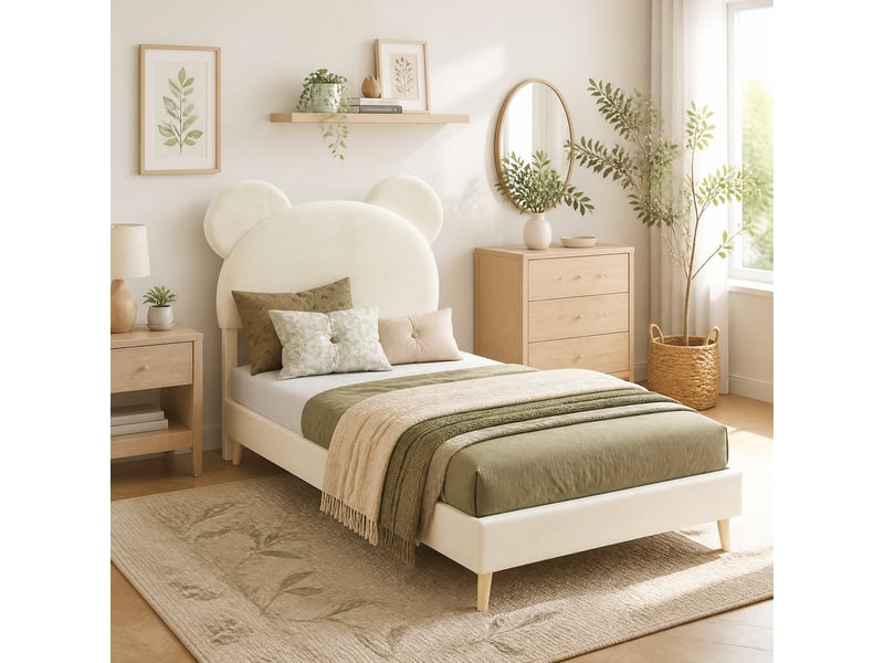  Lit enfant 90x200 cm en tissu beige avec tête de lit rembourrée motif cartoon  - Conforama B