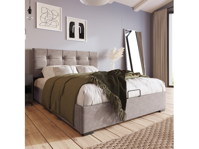  Lit coffre 1 place 90x200 cm à tête réglable en velours gris clair  - Conforama D