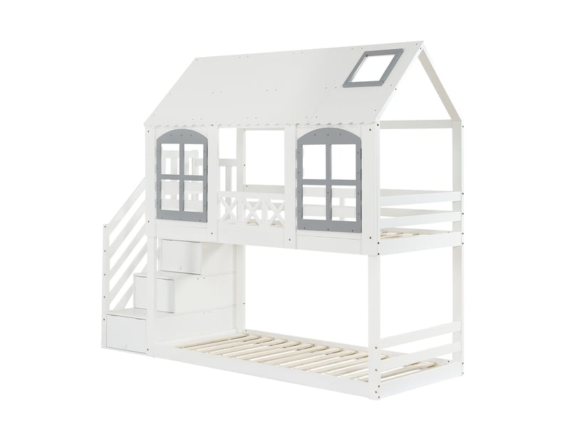  Lit cabane superposé 90x200 cm bois blanc et gris - escalier, 3 tiroirs, toit et garde-corps, sans matelas  - Conforama A