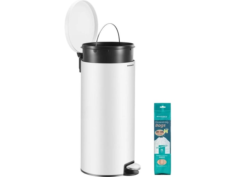  Poubelle ronde avec pédale 29,5 x 37,1 x 63 cm pratique pour cuisine salle de bain en acier blanc 12_0012090  - Conforama A