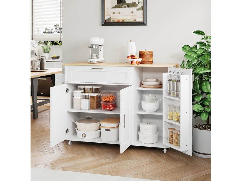  Desserte de cuisine mobile 132,5 x 4470 x 90 cm, plateau rabattable, blanc naturel  - Conforama D