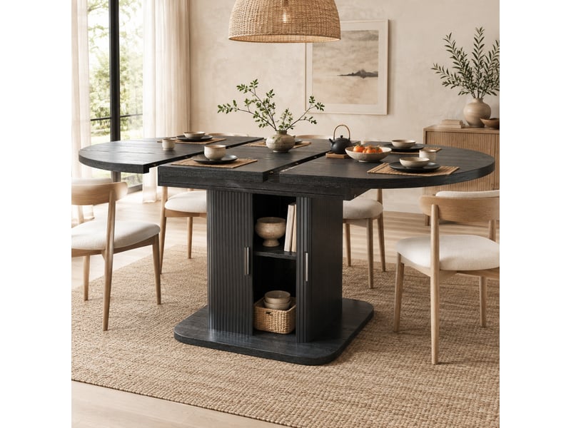  Table à manger extensible ovale 110150x110x75 cm avec rangement en mdf et métal noir  - Conforama C