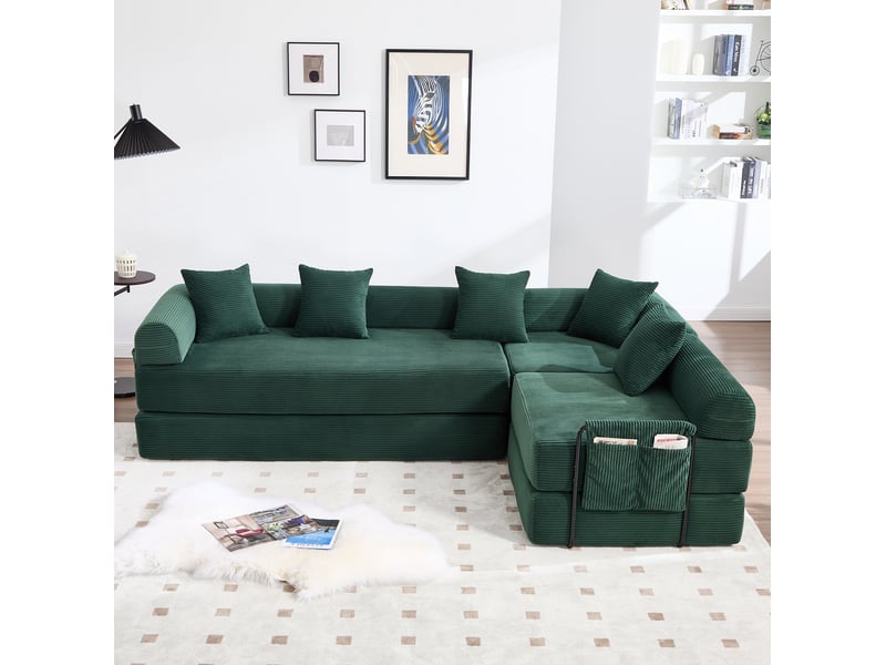  Canapé d'angle 4 places moderne 270x180x64 cm, modulable à volonté, poches, rangement, velours côtelé vert émeraude  - Conforama B
