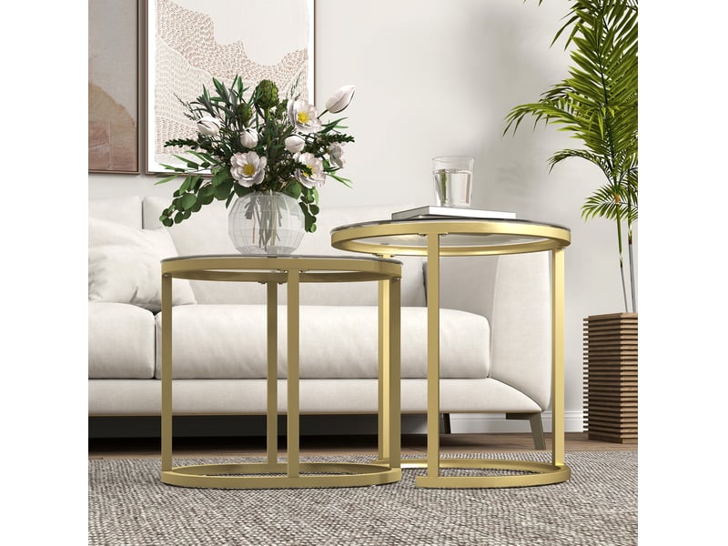 Tables basses gigognes lot de 2 avec plateaux en verre trempé et pieds réglables, en acier doré pour salon et chambre - Conforama E