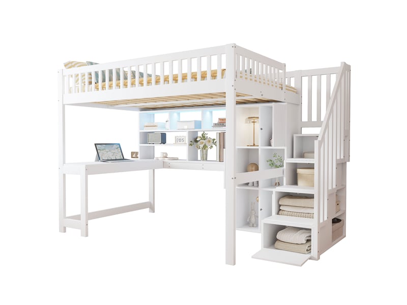  Lit mezzanine 140x200 cm avec bureau, rangements et led blanc  - Conforama A