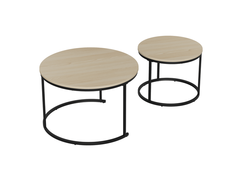  Set de 2 tables basses gigognes rondes effet chêne, ø 70 cm, pieds métal, style moderne  - Conforama E