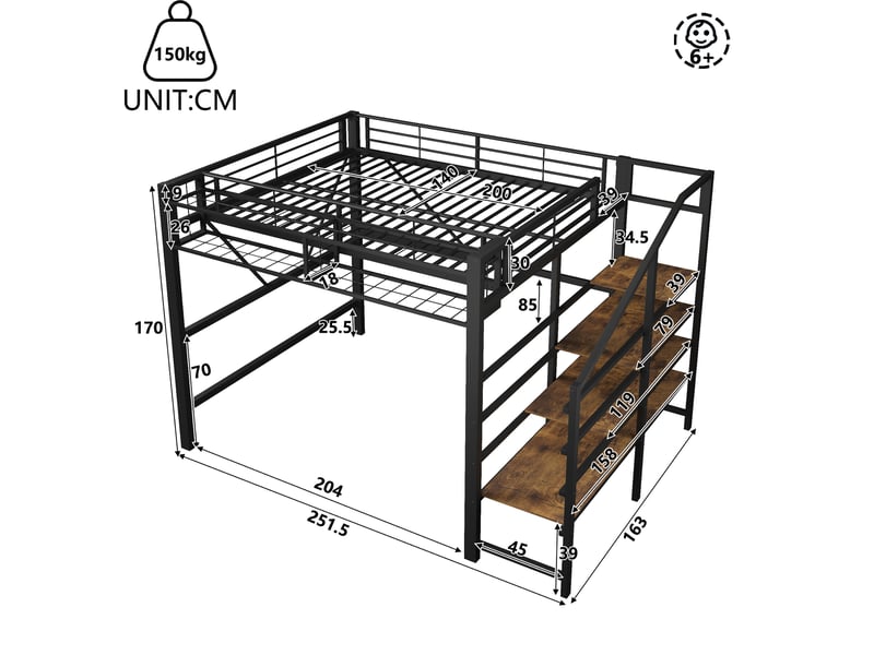 Lit mezzanine métal noir 140×200 cm avec étagères, panier et led - Conforama C