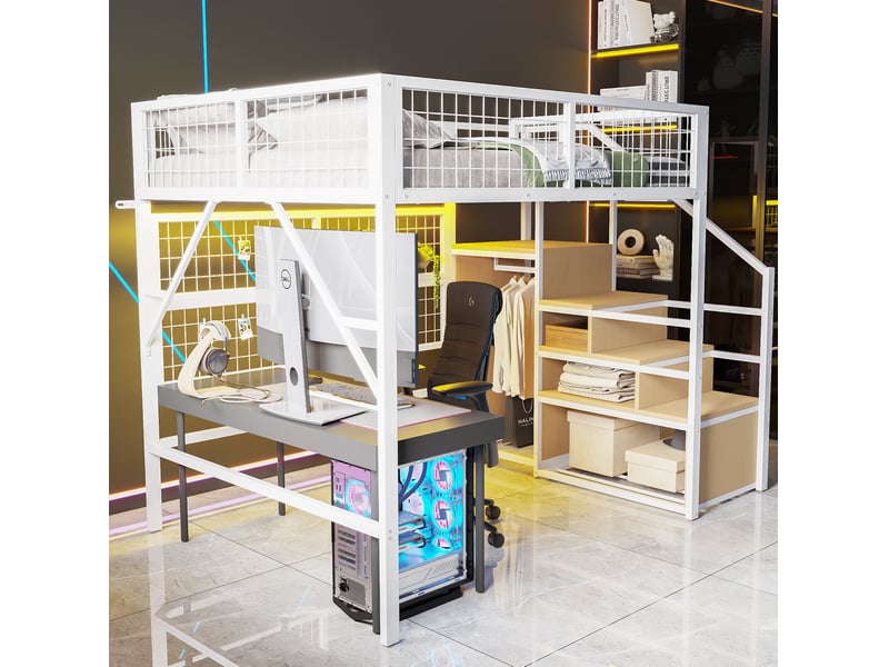  Lit mezzanine enfant et adolescent 140 x 200 cm blanc avec escalier de rangement et led pilotées par application  - Conforama C