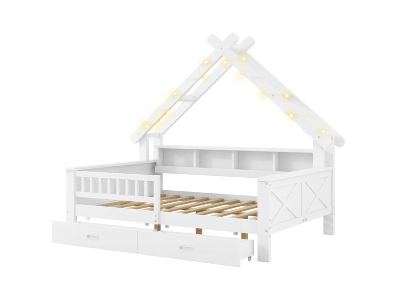  Lit enfant cabane 140 x 200 cm avec éclairage led, rangements, tiroirs et barrière de protection blanc  - Conforama A
