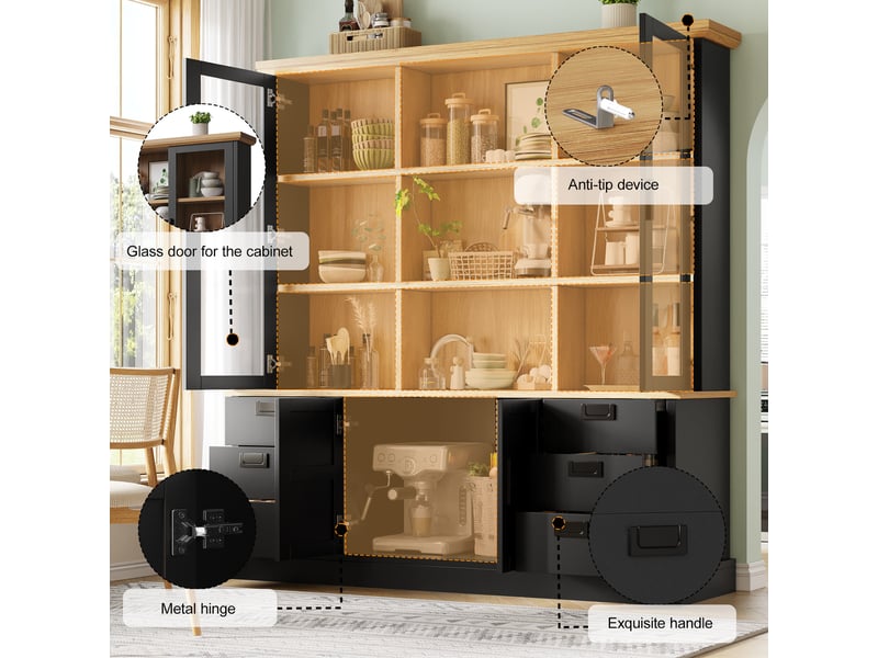  Colonne de cuisine avec 6 tiroirs et 6 niches, portes vitrées, 140×40×185 cm en mdf noir  - Conforama C