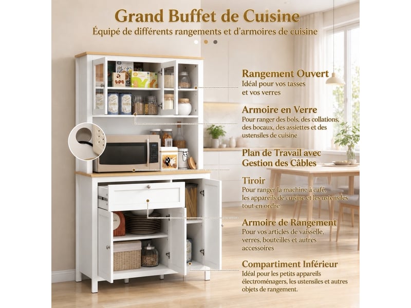 Meuble de cuisine muvano, buffet de cuisine haut blanc, 5 portes dont 2 vitrées, 100 × 40 × 180 cm - Conforama R