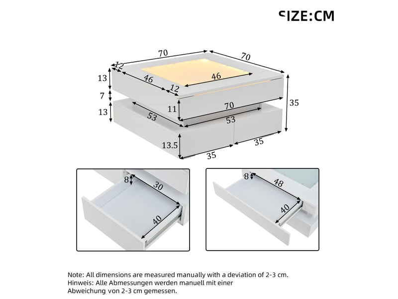  Table basse 70x70 cm blanche brillante avec verre, led et 3 tiroirs  - Conforama C