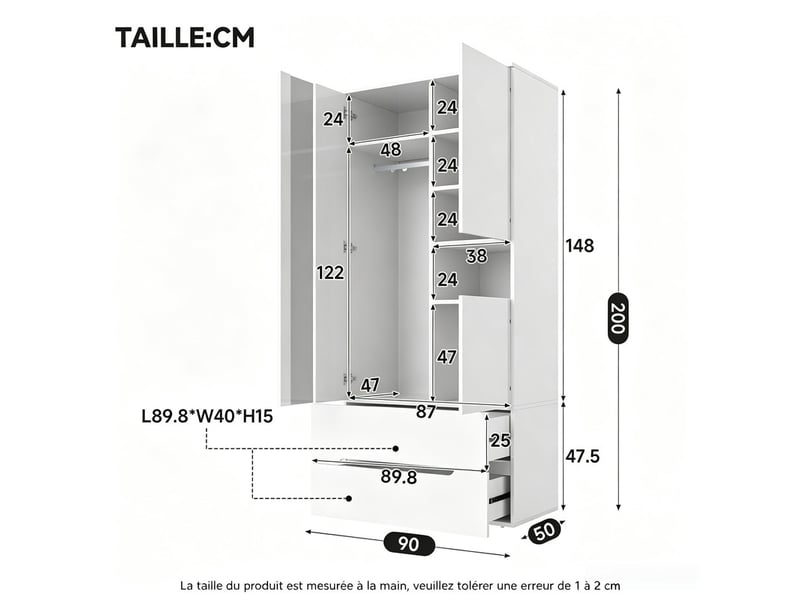  Armoire avec éclairage led, 90 x 50 x 200 cm, 1 penderie, 3 portes, 2 tiroirs et 6 étagères, style moderne, blanc  - Conforama C