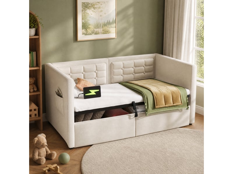 Lit banquette coffre 90x200 cm en velours beige avec usb et type-c - Conforama B