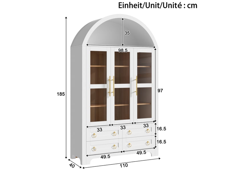 Buffet haut 110x40x185 cm – blanc – 3 portes vitrées, 4 tiroirs et niche ouverte en arche de rangement - Conforama C
