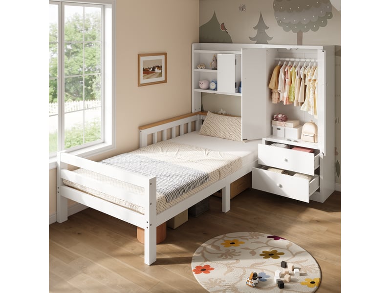  Lit enfant 90x200 cm avec armoire et tiroirs bois et mdf blanc sans matelas  - Conforama C