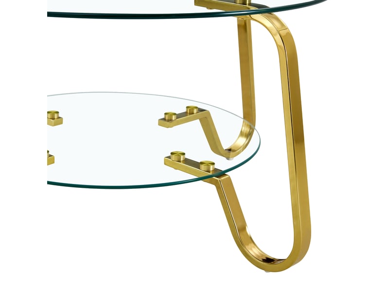  Table basse avec 2 niveaux en verre trempé transparent, structure métal doré, rangement ouvert, style élégant salon  - Conforama E