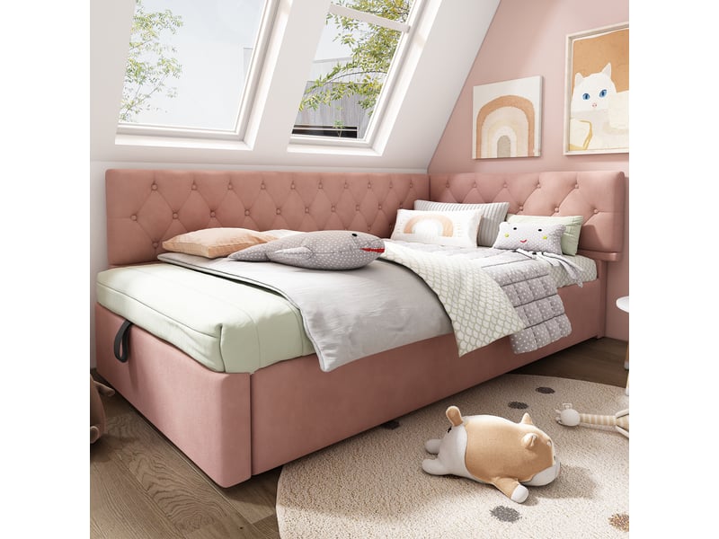  Lit banquette 90x200 velours rose - lit coffre avec rangement hydraulique et sommier  - Conforama B