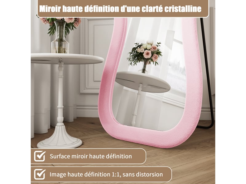  Miroir plein pied 160x50 cm forme ondulée, cadre rembourré en flanelle rose, miroir au sol décoratif pour chambre et salon  - Conforama E