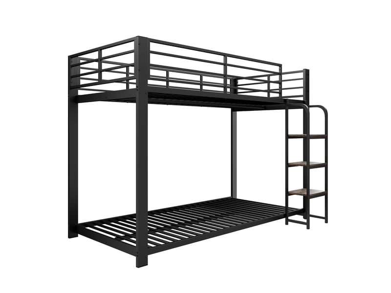  Lit superposé 90 × 200 cm en métal avec marches en bois, barrières de sécurité, chambre enfant et adolescent noir  - Conforama A