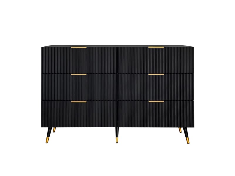  Commode à 6 tiroirs, 120 x 77 x 40 cm, finition texturée ondulée, poignées dorées, style moderne et minimaliste, noir  - Conforama A