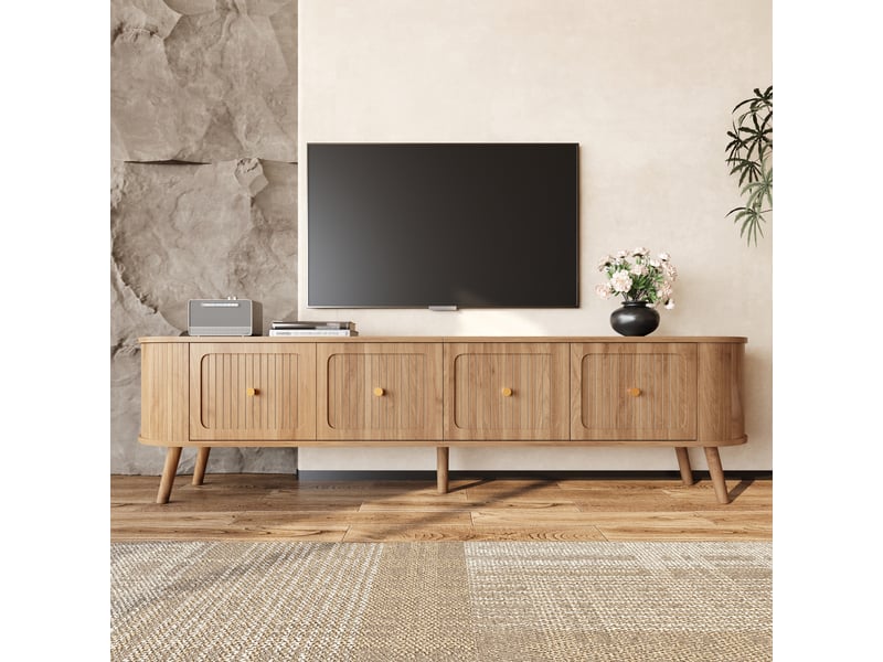  Meuble tv bas 180x38x47cm bords arrondis rangement | style vintage effet chêne et détails dorés | 4 portes charge 60kg - chêne clair  - Conforama B