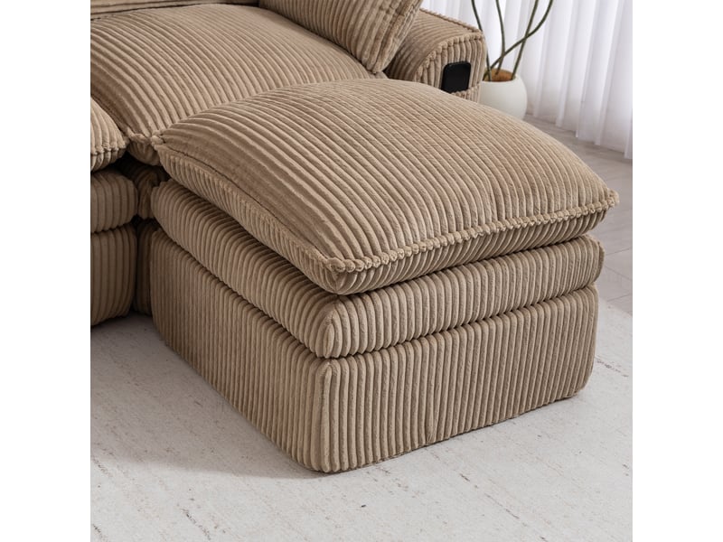 Canapé modulable 3 places en velours côtelé kaki avec hocker, coussins et poches latérales - Conforama R
