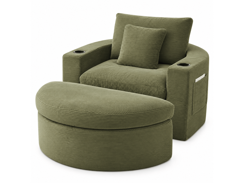  Fauteuil lounge xxl 156 x 136 x 88 cm avec pouf, rangement, porte-gobelet et double coussin, velours côtelé, mousse et ressorts, vert OMNIGLINT TRADING LTD - Conforama A