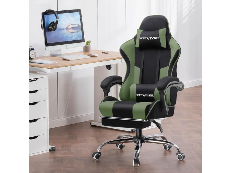  Gtplayer chaise de jeu ergonomique avec repose-pieds, réglable en hauteur - tissu vert GT800A-GE-FA - Conforama B