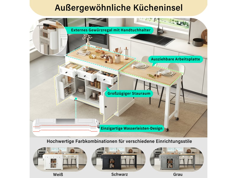  Îlot de cuisine sur roulettes avec plan de travail extensible blanc et naturel  - Conforama D