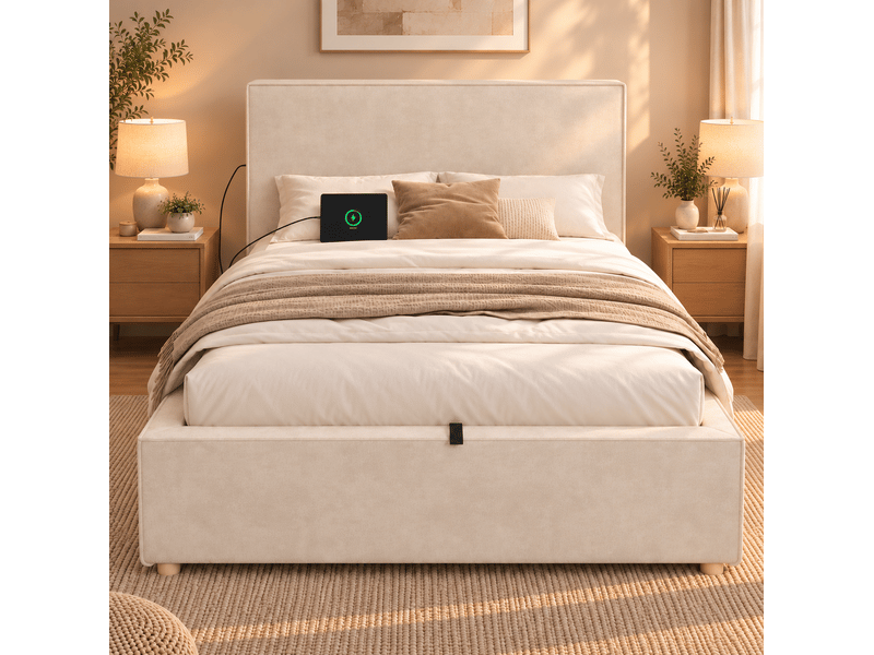  Lit coffre 90x200 cm, lit simple enfant avec sommier, chenille beige, sans matelas  - Conforama B