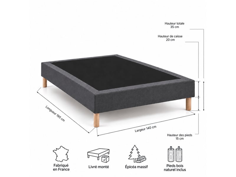  Sommier tapissier déco 140x190 cm gris - hauteur 35 cm - caisse 20 cm - pieds inclus  - Conforama E