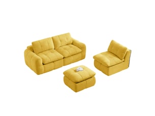 Canapé d'angle modulable 3 places avec ottoman sans structure rigide, en chenille jaune