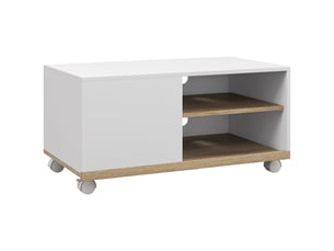 Meuble tv sur roulettes avec 2 freins - en bois blanc chêne clair - 2 niches + placard porte 2 passe-fil